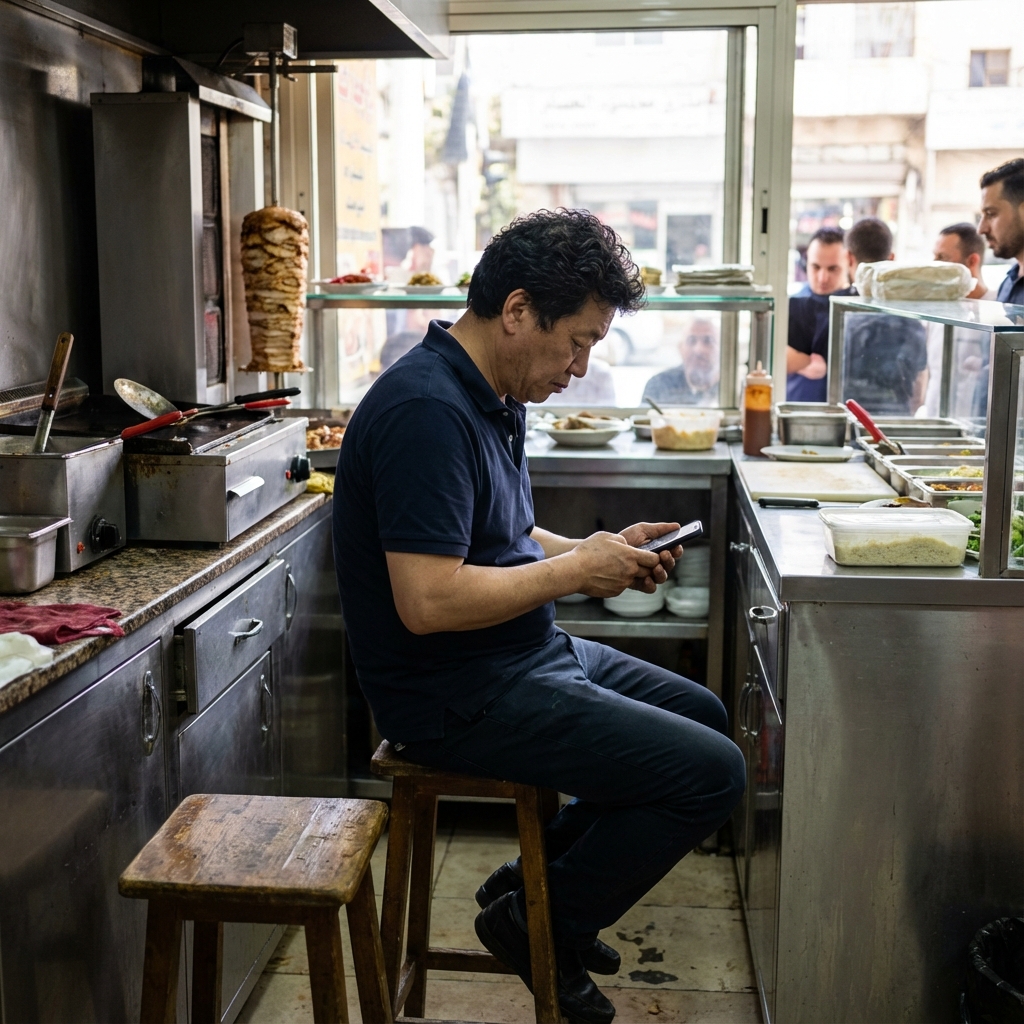 Продавец шаурмы с телефоном