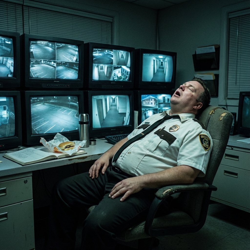 Спящий охранник перед камерами